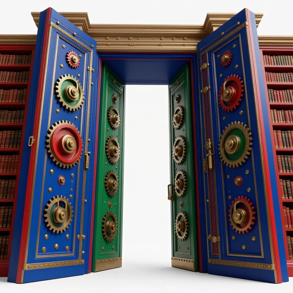Oversized intricately locked library entrance with colorful metallic hues on a bright white background
