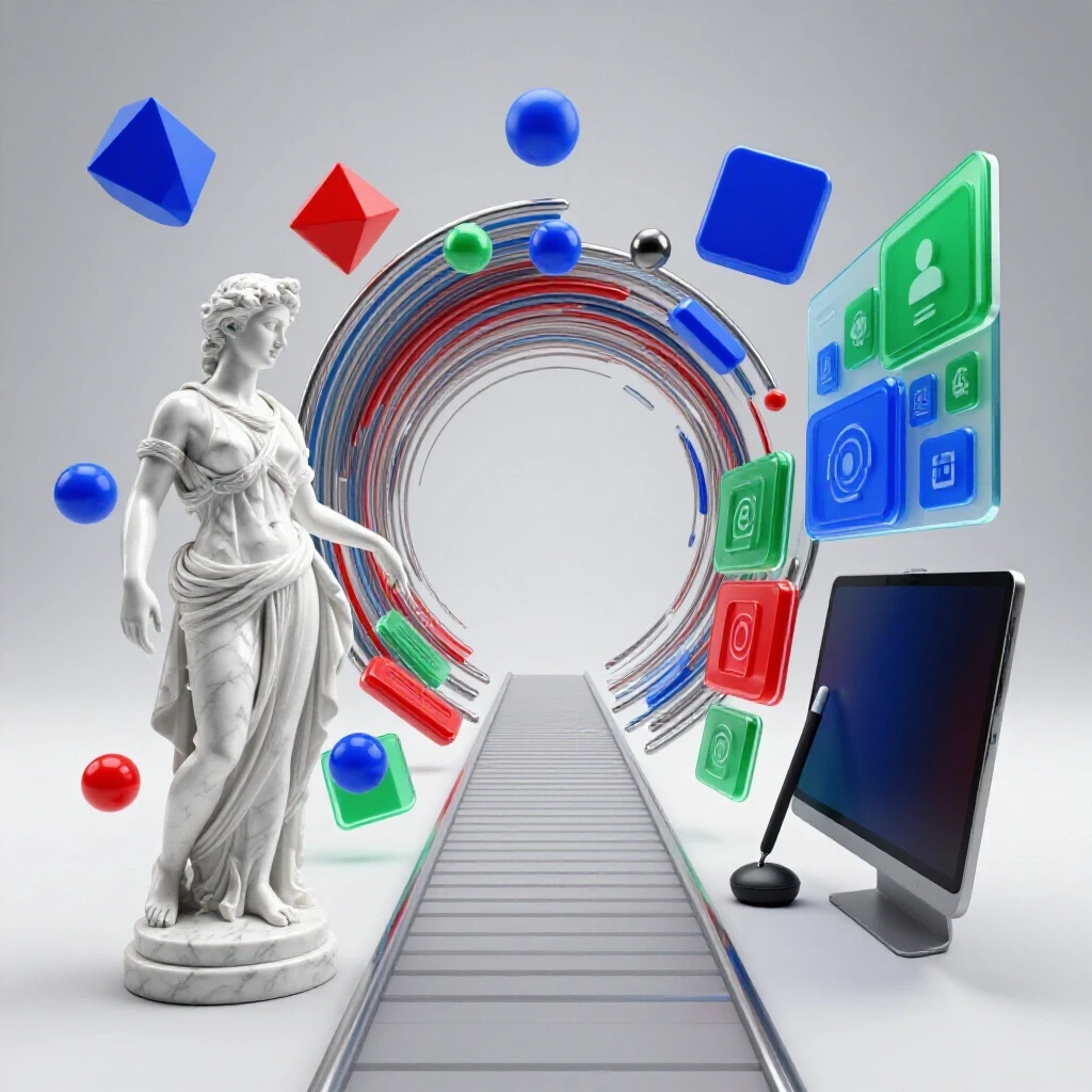 Pathway bridges a classical statue with modern digital UX devices on a bright studio background