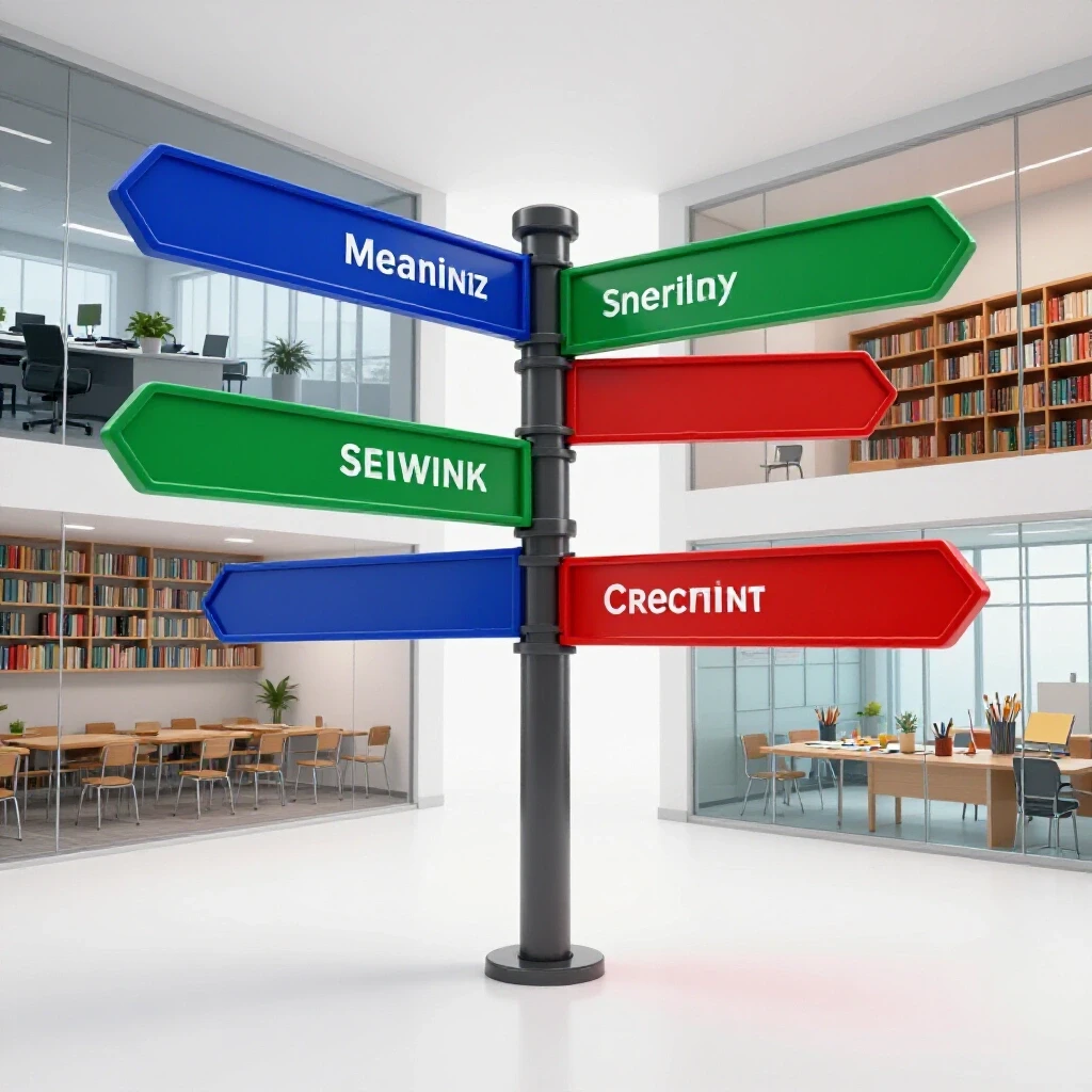 Colorful branching paths from a central signpost leading to an office, classroom, and creative studio environments.