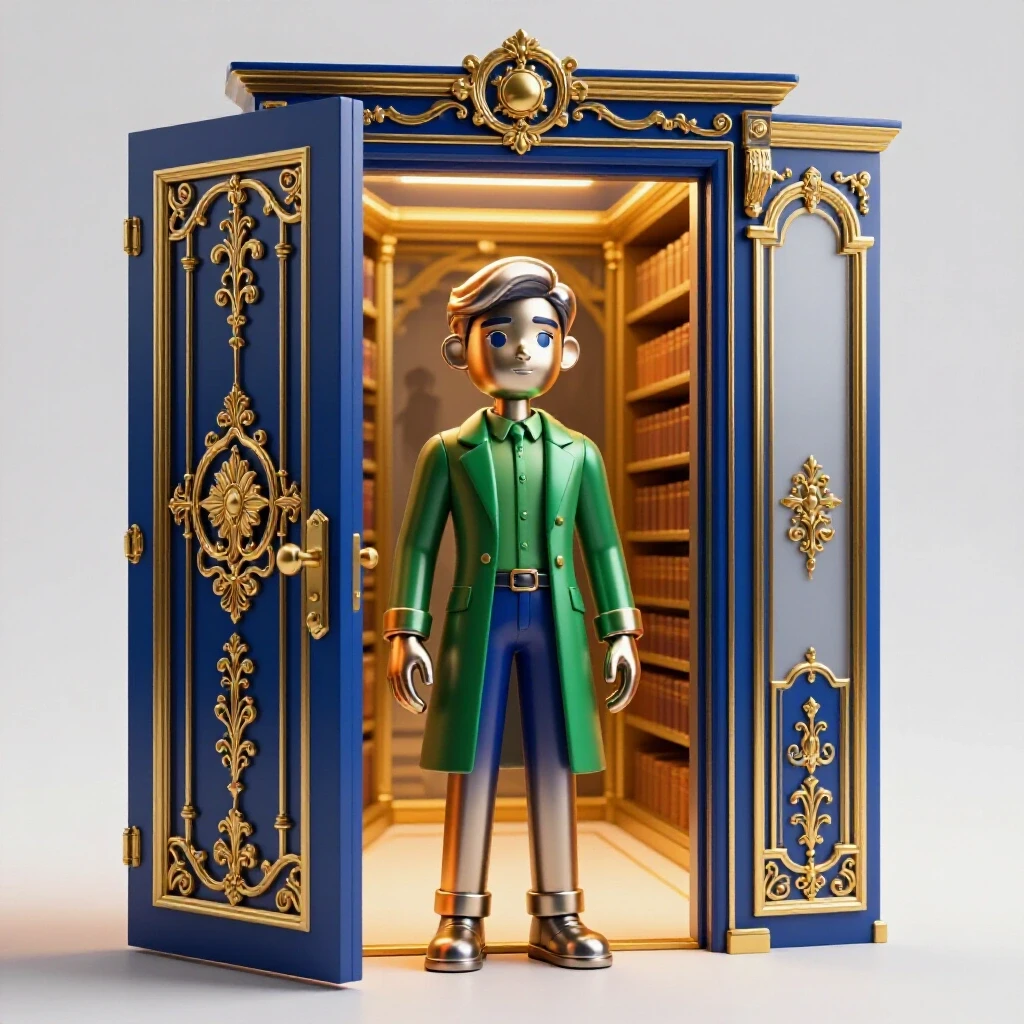 Metallic librarian figure stands before a glowing ornate library door, golden paths and shadows inside hinting at hidden opportunities.