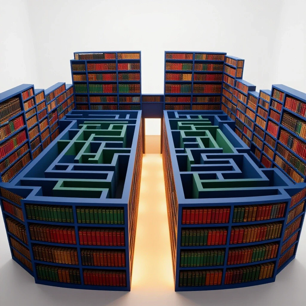 A vivid, colorful maze of bookshelves with a glowing path leading to an open doorway, symbolizing discovery.