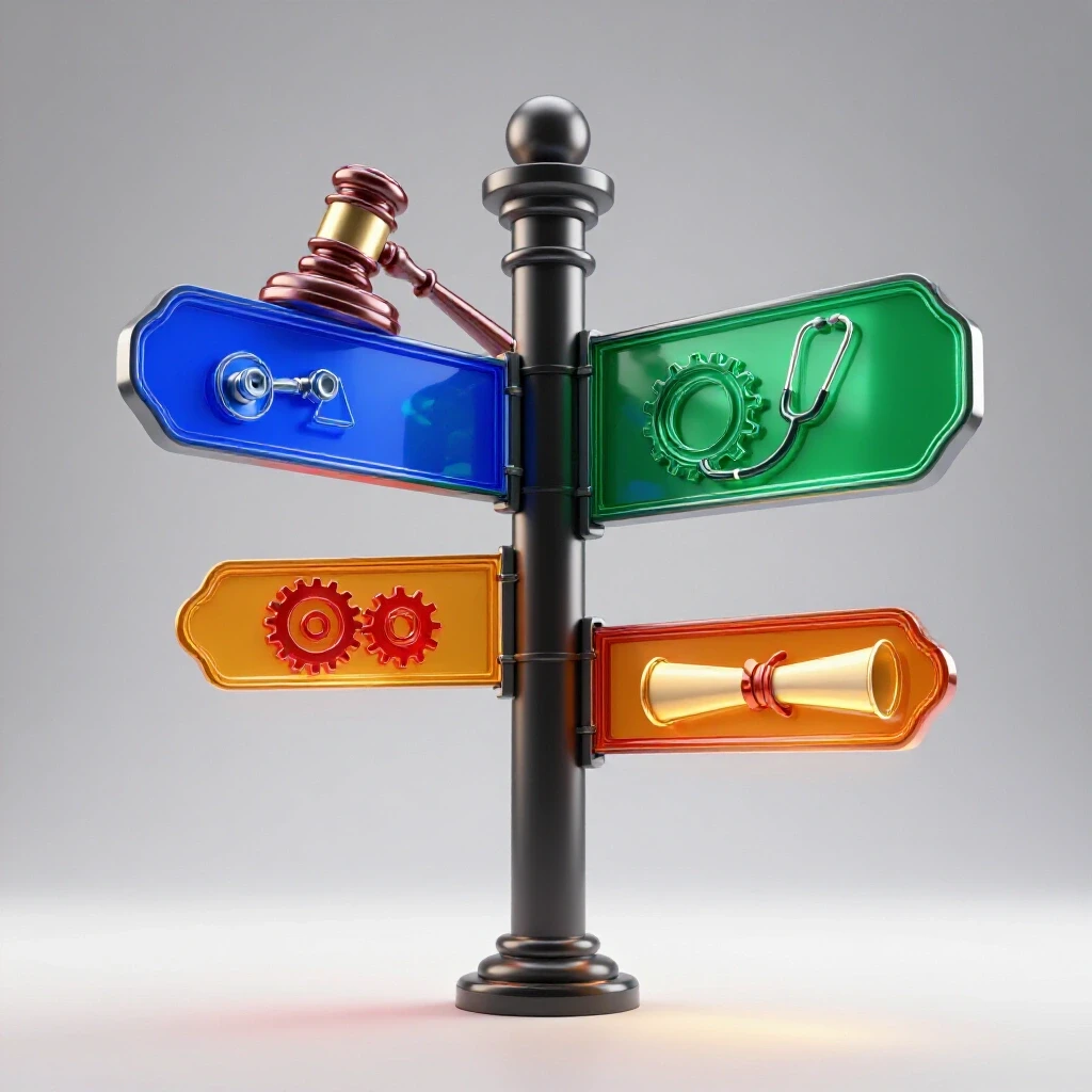 Crossroads signpost with glowing symbols for law, healthcare, technology, and academia on a bright background.