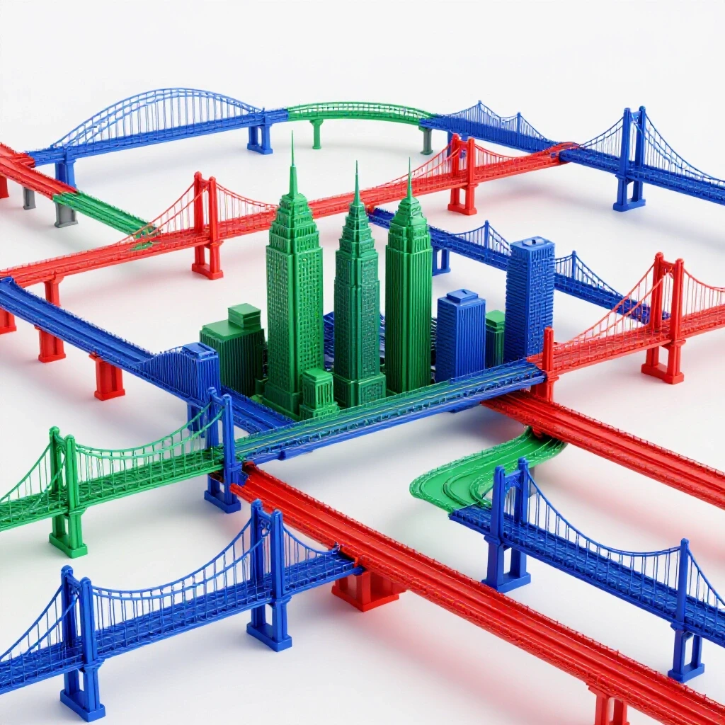 Interconnected colorful bridges span between diverse city skylines over a bright white background, symbolizing career mobility.