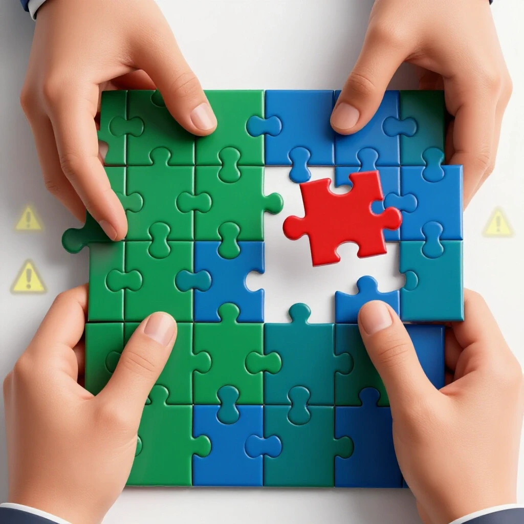 Glossy hands hold a nearly completed vivid puzzle with a red piece hovering above, blurred warning symbols in the background.