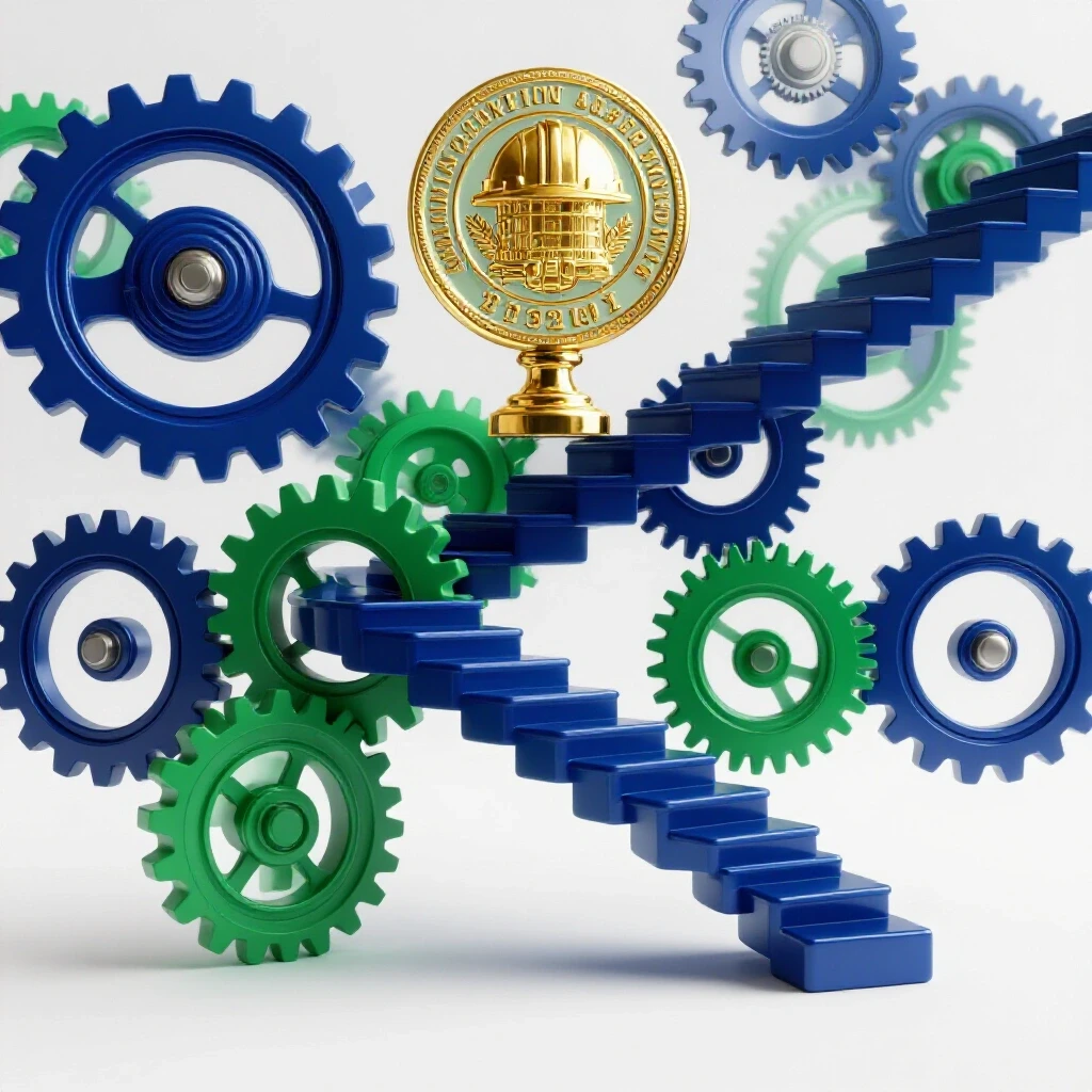 A glossy metallic gear-shaped staircase ascends on a white background toward a radiant engineer's seal.