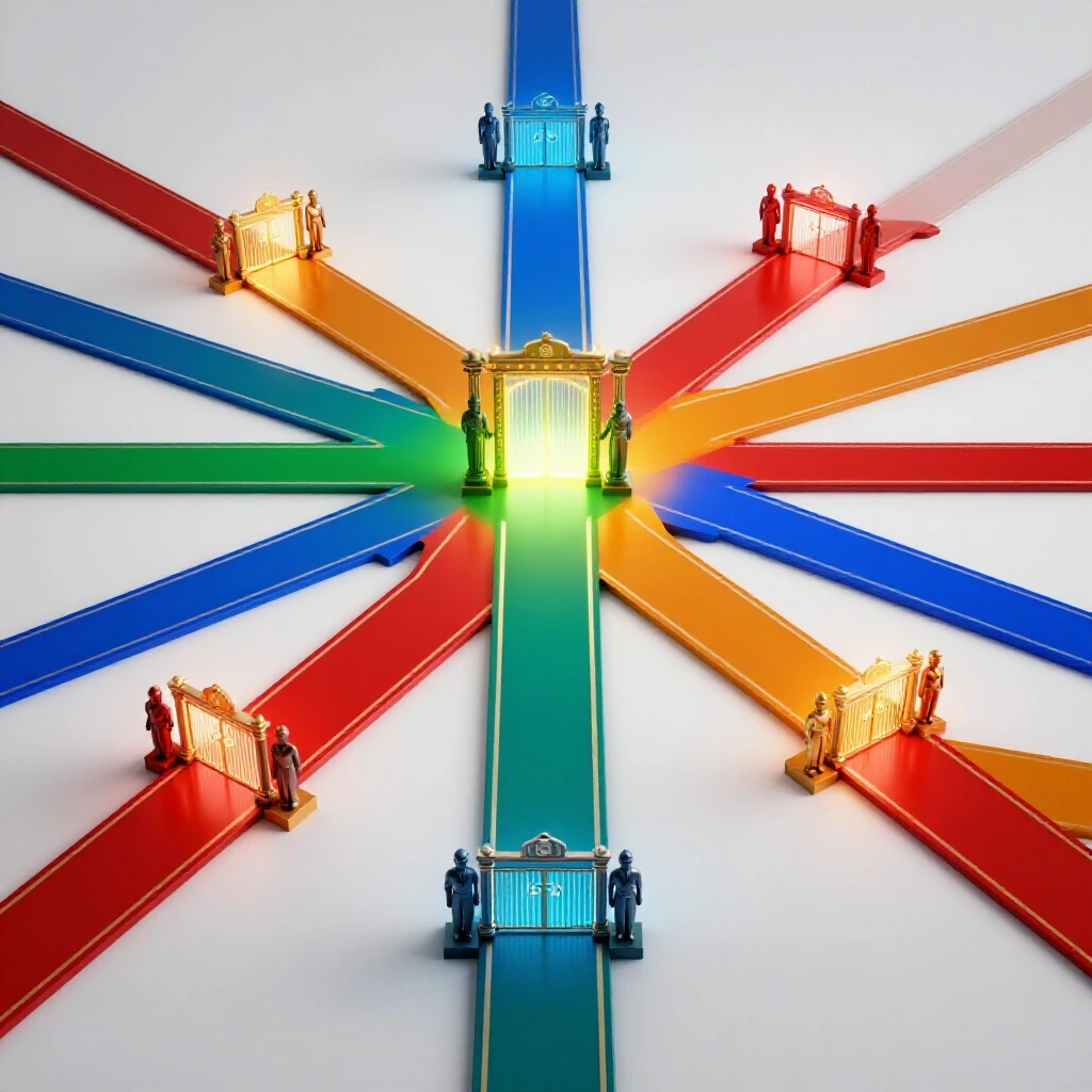 Intersection of bold colored pathways leading to bright gateways guarded by abstract authoritative figures.