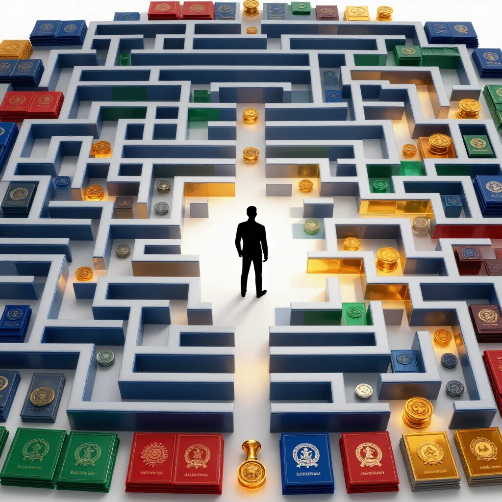 A maze of colorful certificates and official seals with clear pathways and blocked dead ends, highlighting licensing challenges.