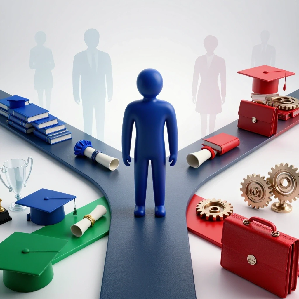 A confident figure stands at a crossroads with academic symbols on one path and achievement objects on the other, surrounded by approving professional silhouettes.