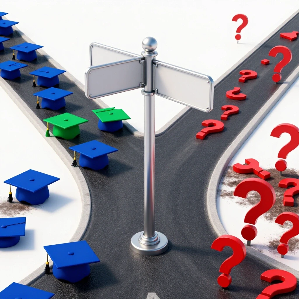 A glossy signpost stands at a crossroads, leading to a path of graduation caps and another with question marks and warning signs.