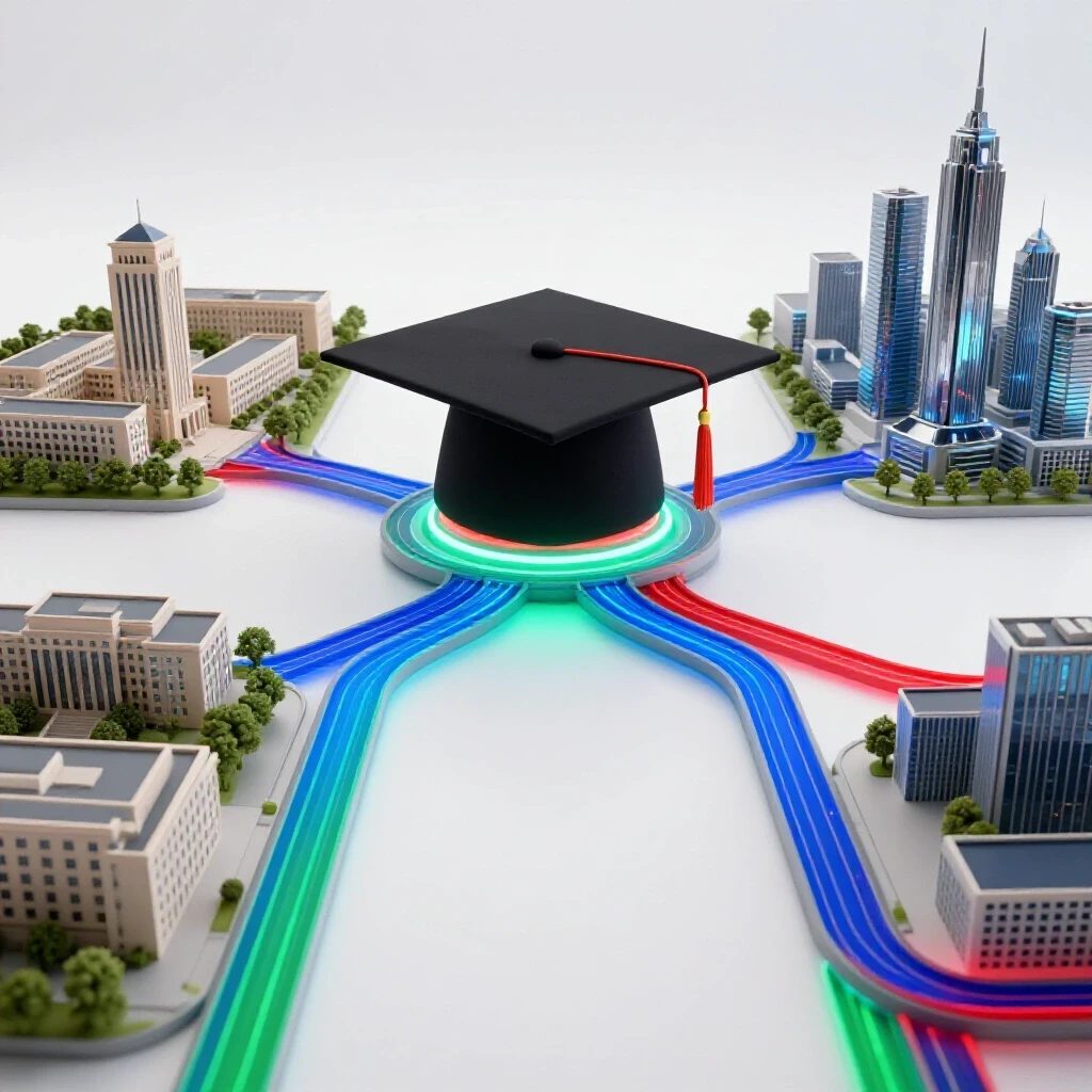 A graduation cap at the center of glowing digital pathways connecting a university campus to a futuristic city skyline.