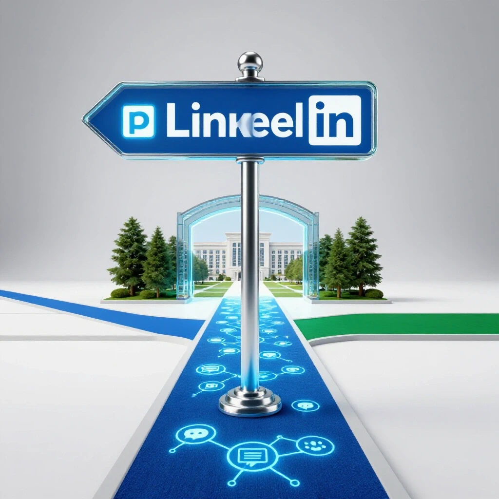 Stylized crossroads with LinkedIn blue path and digital symbols transforming into a glowing portal toward a prestigious university campus.
