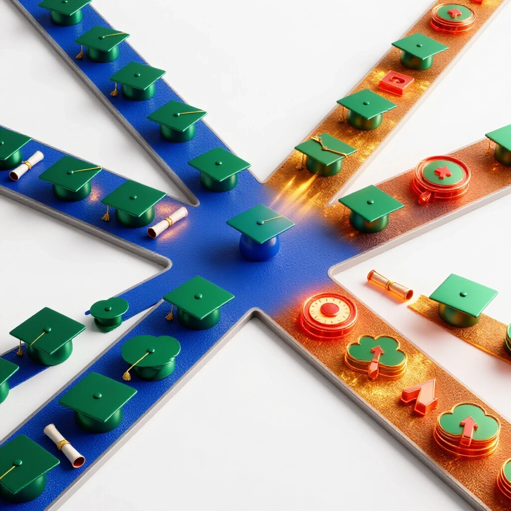 A central crossroads with academic caps on one path and glowing digital icons on the other, set on a bright background.