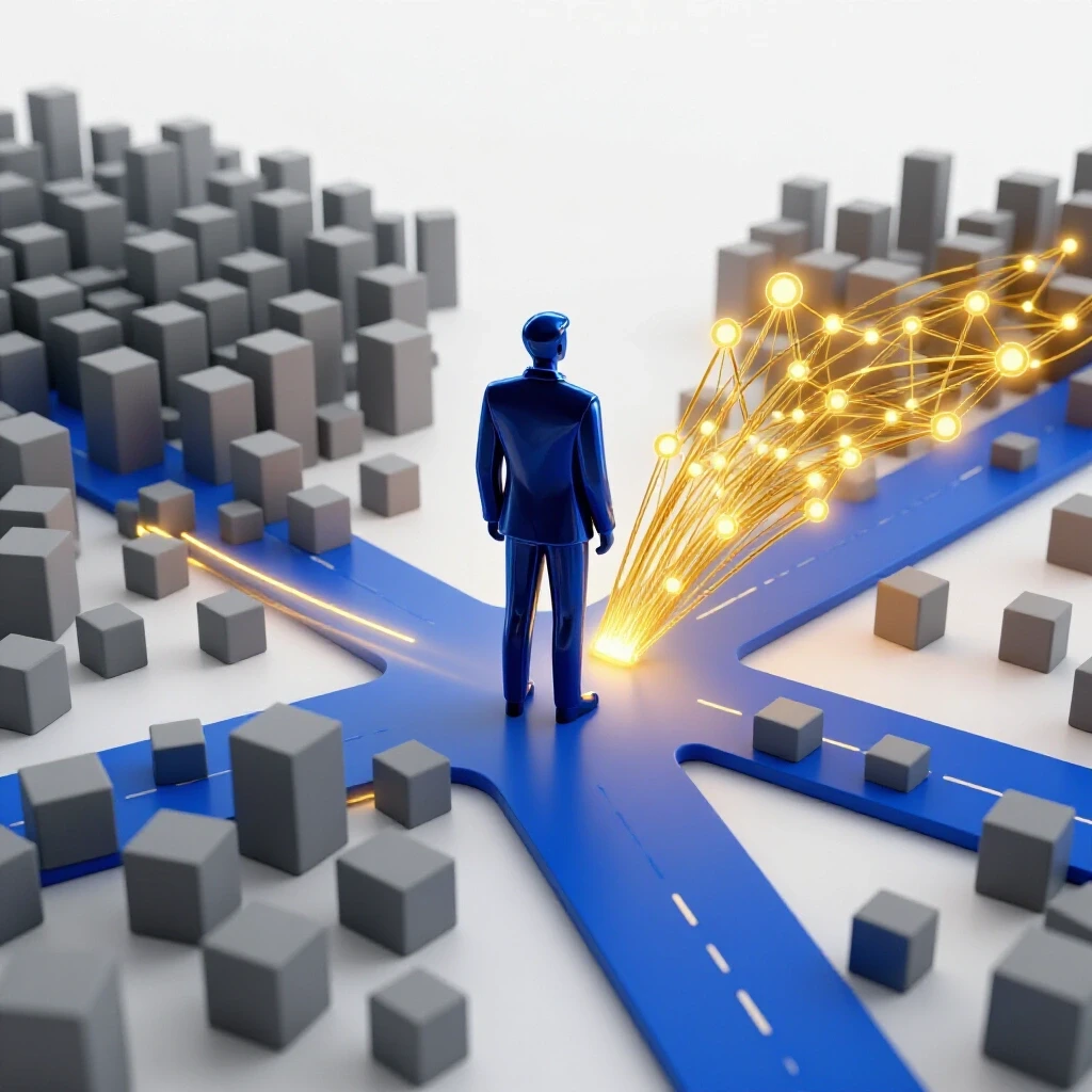 Centered professional figure at crossroads with one busy, blocked path and one glowing, golden network path on bright studio background.