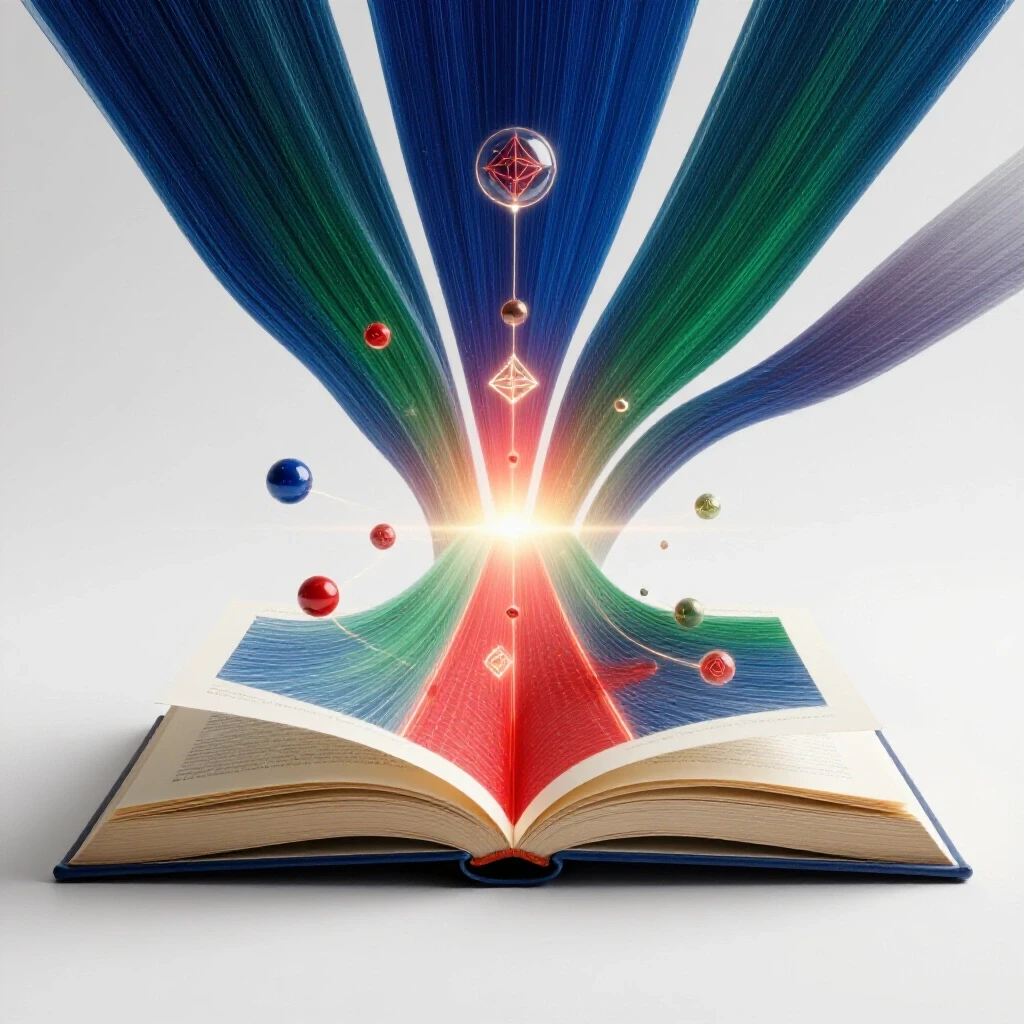 Open book transforms into a radiant pathway with glowing orbs symbolizing discovery and synthesis