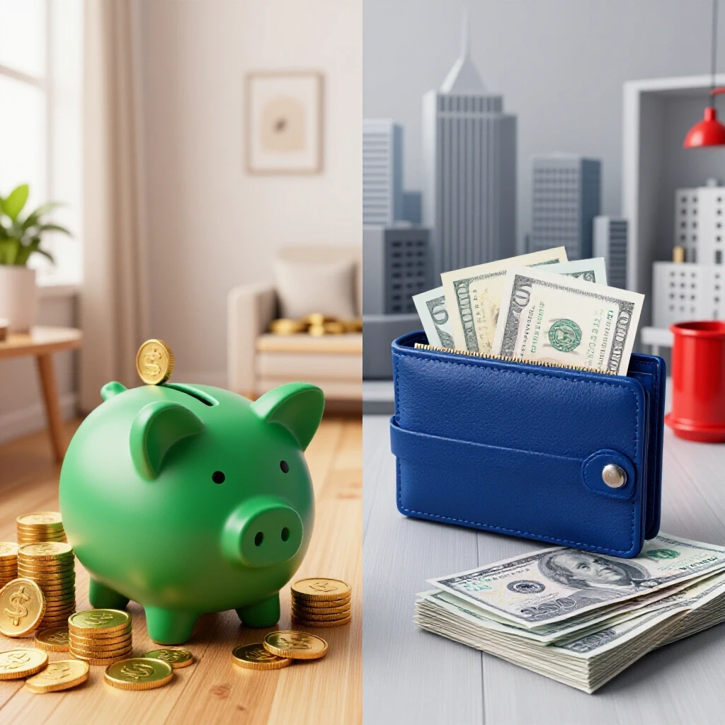Split-scene showing vibrant savings symbols in a cozy home versus expense cues in a city apartment, highlighted by bold colors and contrasting lighting.