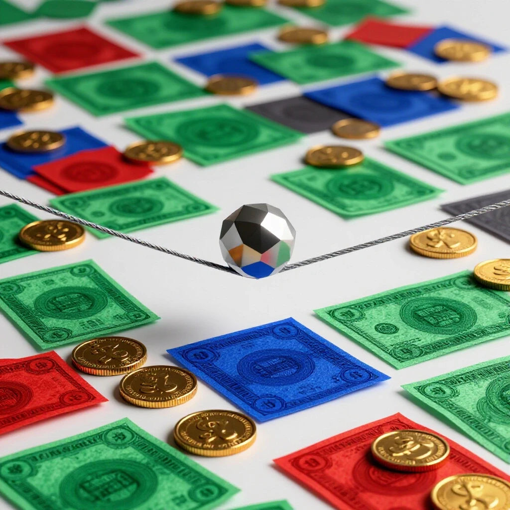 A central abstract figure balances on a narrow wire above a colorful landscape of coins and bills, highlighted against a bright studio background.