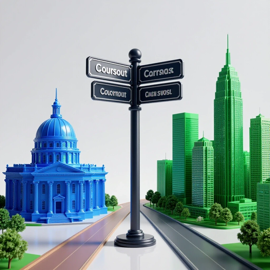 Glossy crossroads signpost dividing paths to a blue courthouse and green cityscape on a bright backdrop.