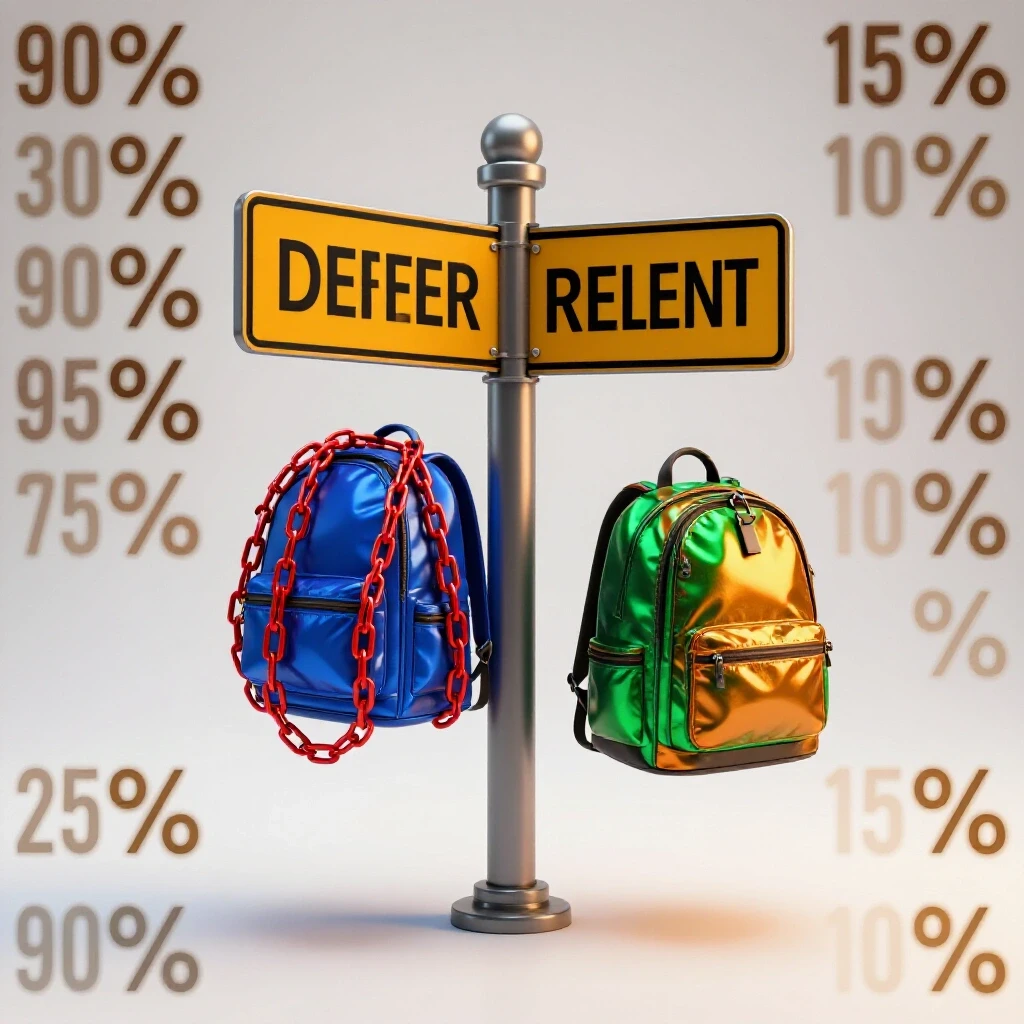 At a crossroads sign, one path has a heavy chained backpack, the other a floating backpack symbolizing deferment relief.