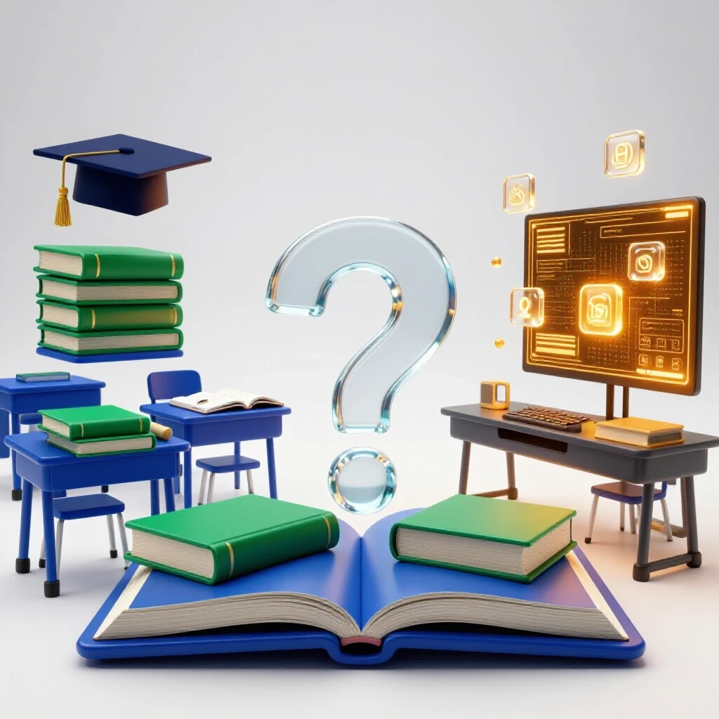 Split-scene showing a vibrant classroom on one side, a dynamic digital workspace on the other, linked by a large glass question mark.
