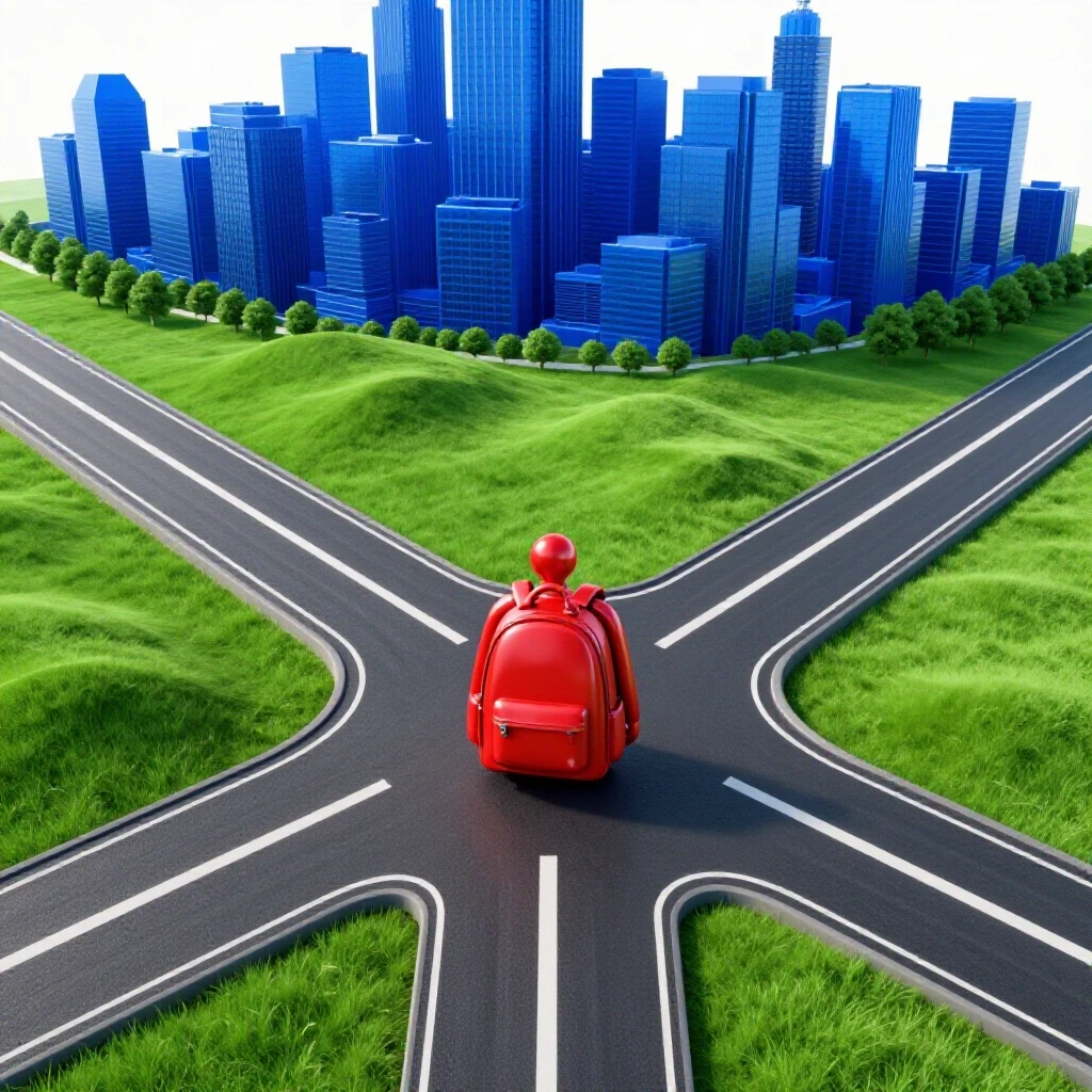 A crossroads with paths leading to a vibrant city skyline and a peaceful rural landscape, centered by a symbolic student backpack at the intersection.