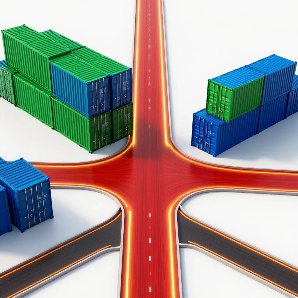 Sleek cargo containers facing a glowing pathway at a bright crossroads, symbolizing logistics career choices.