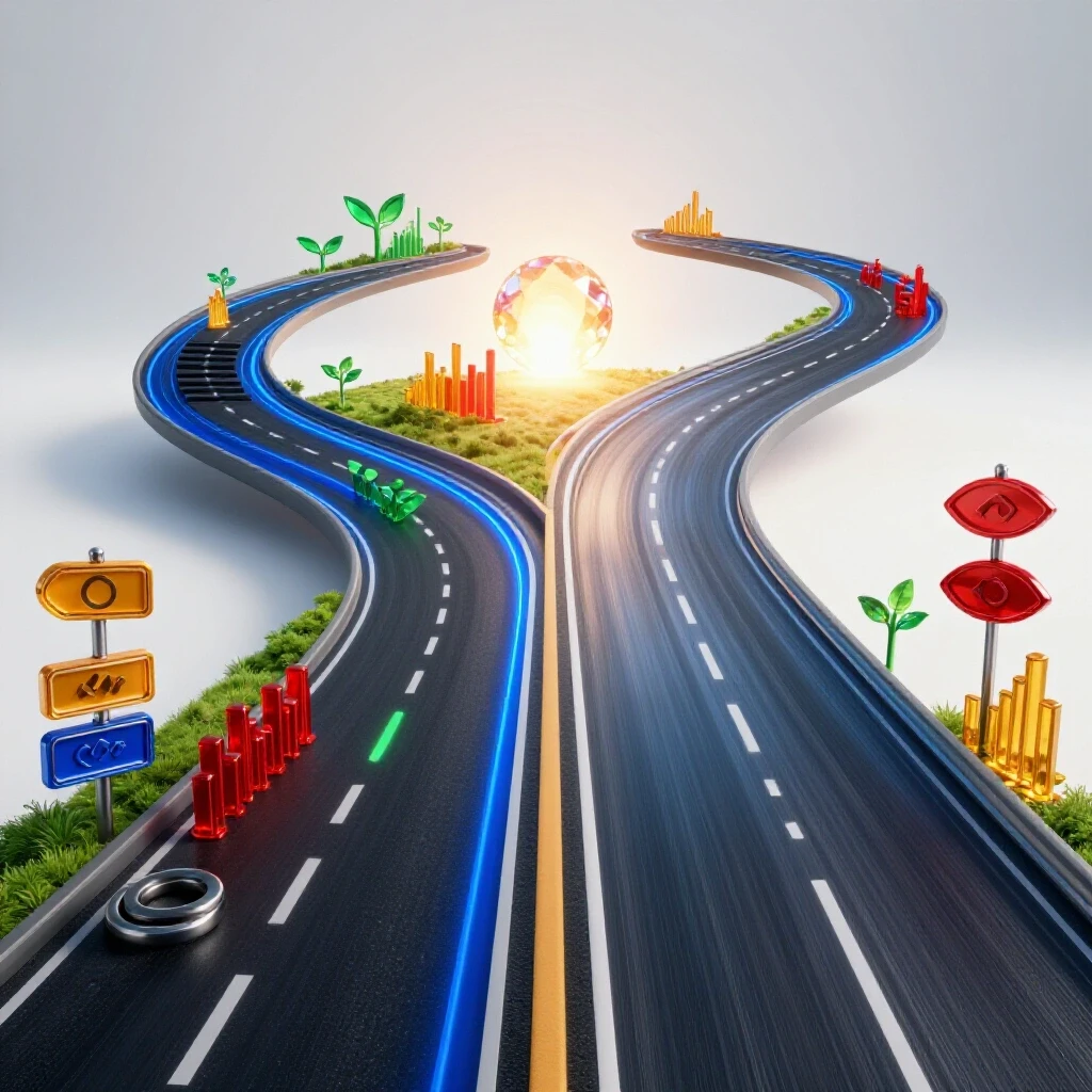Split pathway with winding, milestone-filled road and straight fast track both leading to a glowing horizon opportunity.