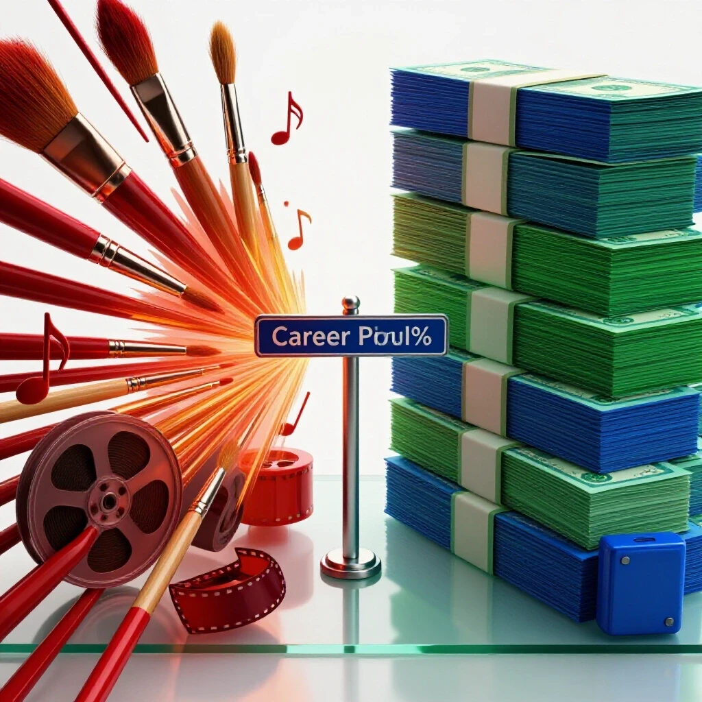 Split scene with artistic tools in warm colors on one side, stack of money and office objects in cool tones on the other, a crossroads sign in the center.