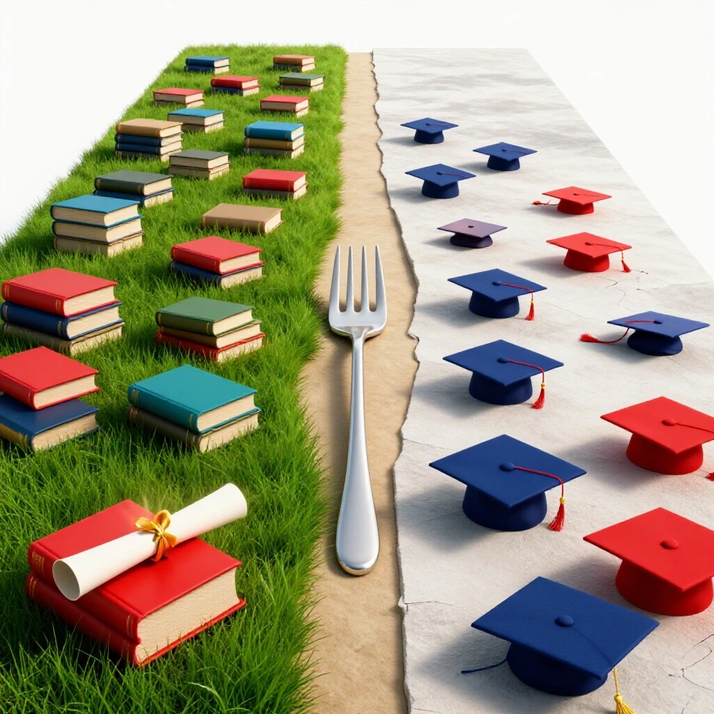 A forked path with one side leading to a vibrant landscape with books and degrees, the other to a barren area with discarded graduation caps, all on a bright white background.