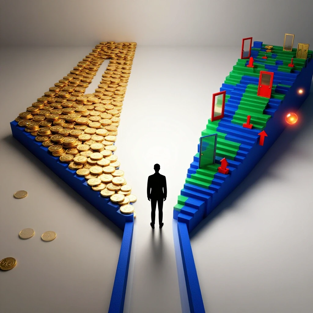 A forked path with gold coins on one side and a vibrant upward staircase on the other, symbolizing career choices.