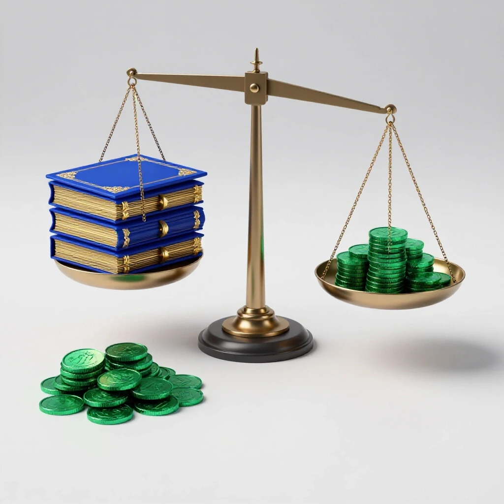 Bright scene with a modern scale balancing elegant diplomas and certificates against a small pile of coins.