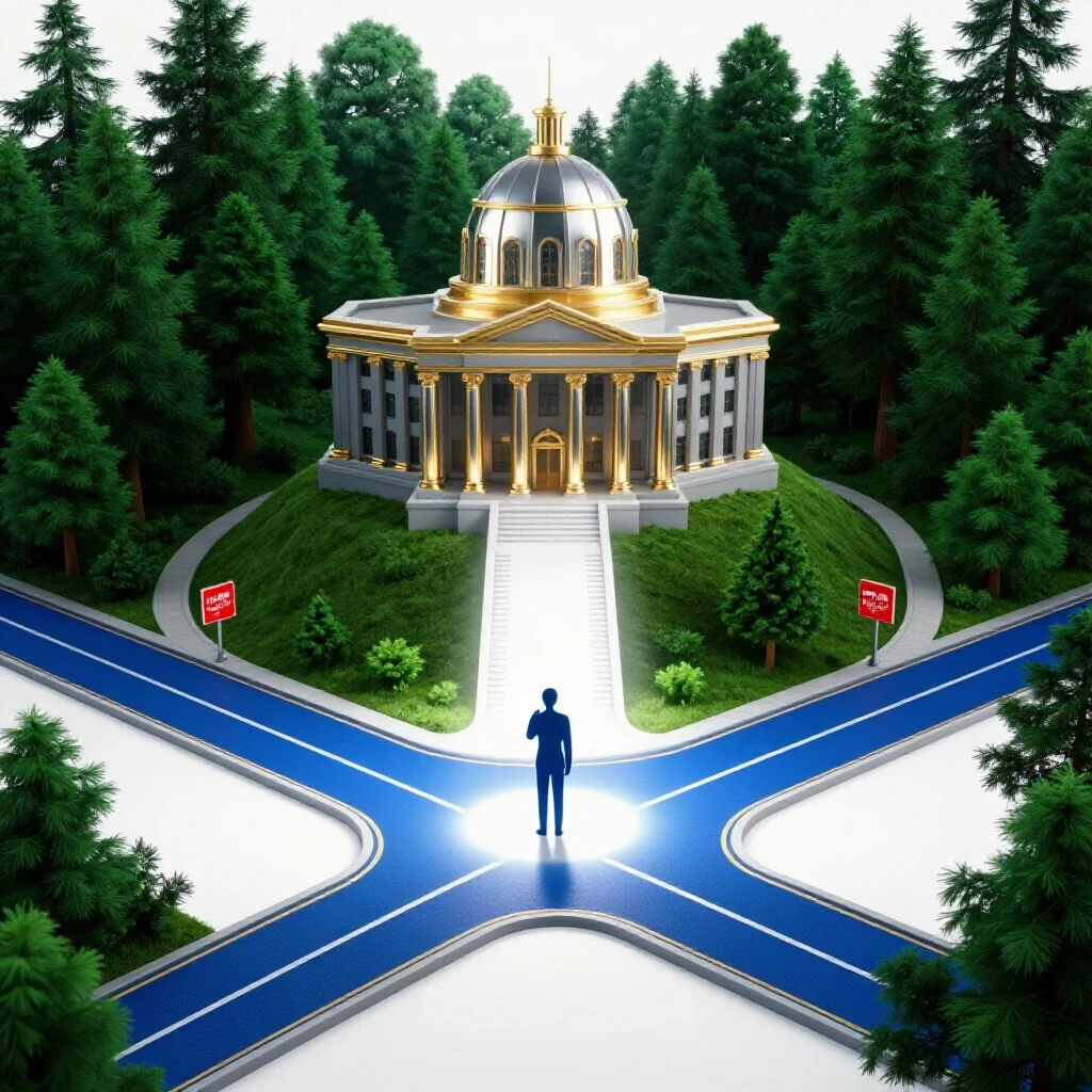 A dramatic crossroads with paths leading to a grand courthouse and a dense forest, spotlight focused on a lone figure icon at the intersection.