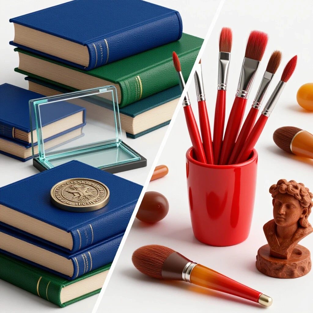 Dramatic split scene with academic books and diploma on one side, artistic tools and sculptures on the other, set on a bright white background.