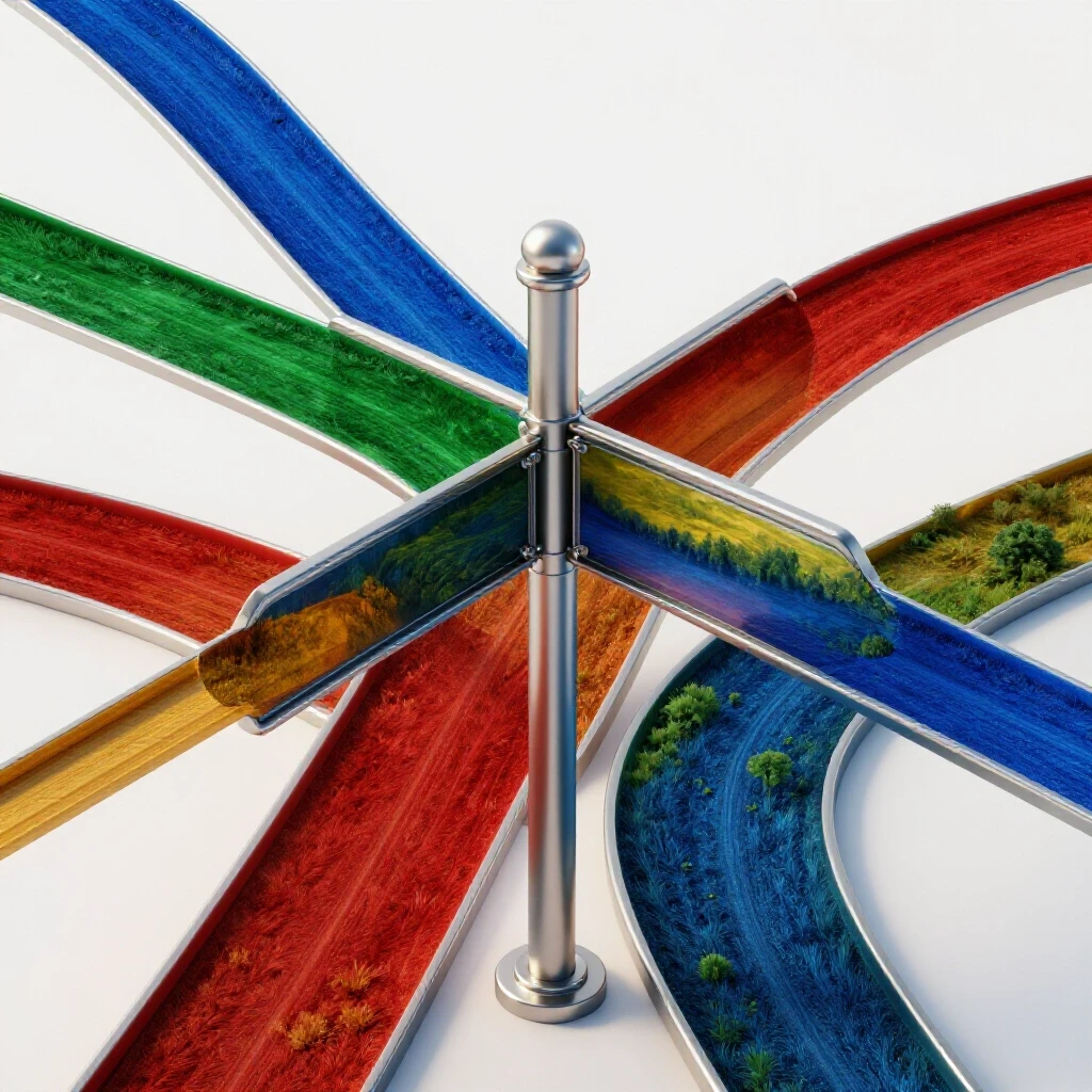 Crossroads signpost with vibrant, glossy colored paths splitting toward different bright landscapes on a white background.