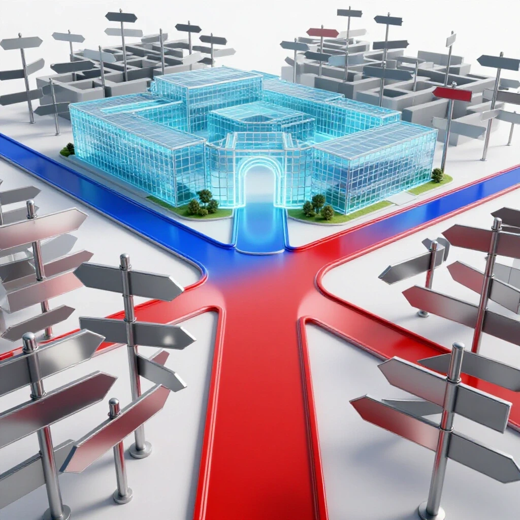 Bright 3D scene of two diverging paths: one to a glowing structured campus, one to a chaotic maze of signs.