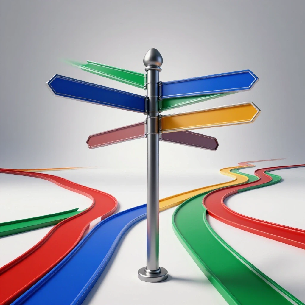 Glossy colored crossroads signpost with branching paths leading to sunlit horizons or shadowy dead ends on a bright background.