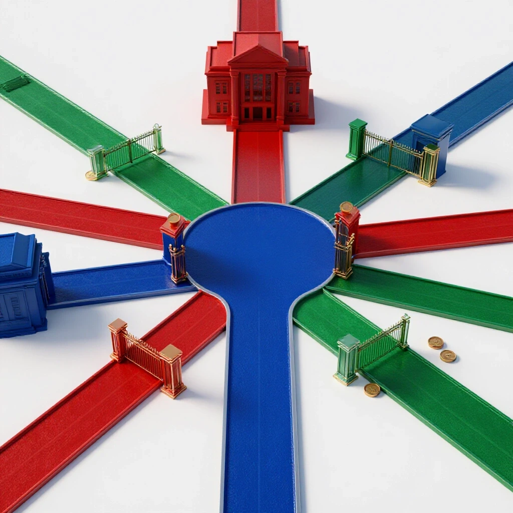 Diverging colored paths with symbolic obstacles leading to academic buildings at a crossroads on a bright background.