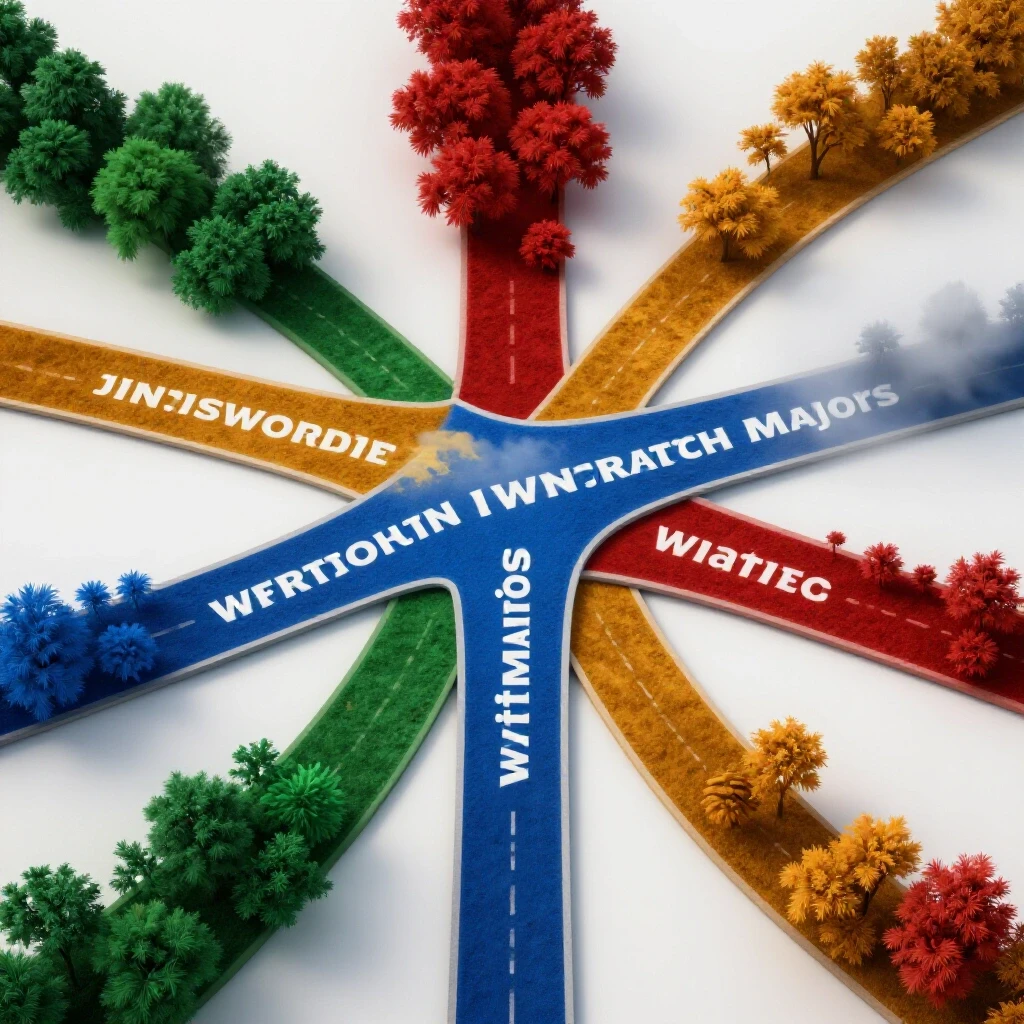 Crossroads with bold, diverging paths leading to different landscapes, symbolizing major switching choices