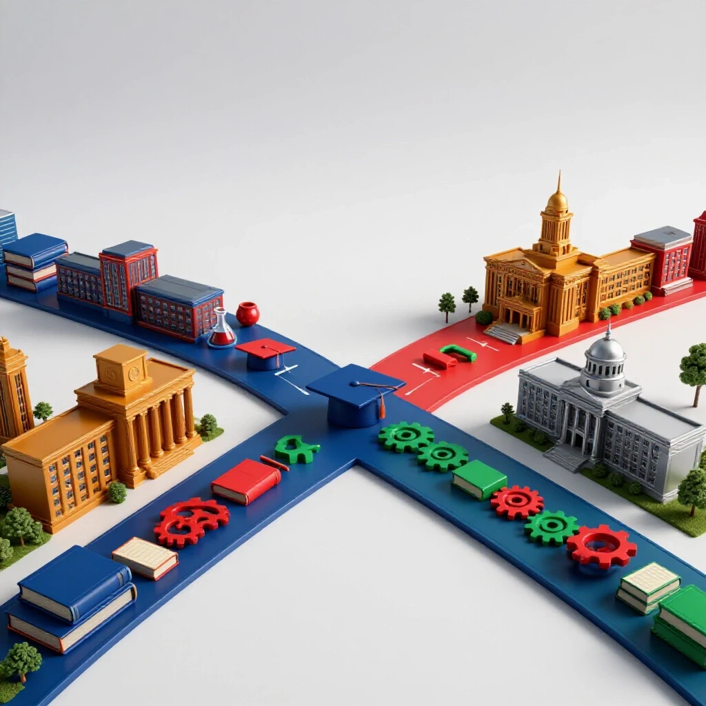 Split scene of academic icons and campus buildings at a center crossroads under bright studio lighting