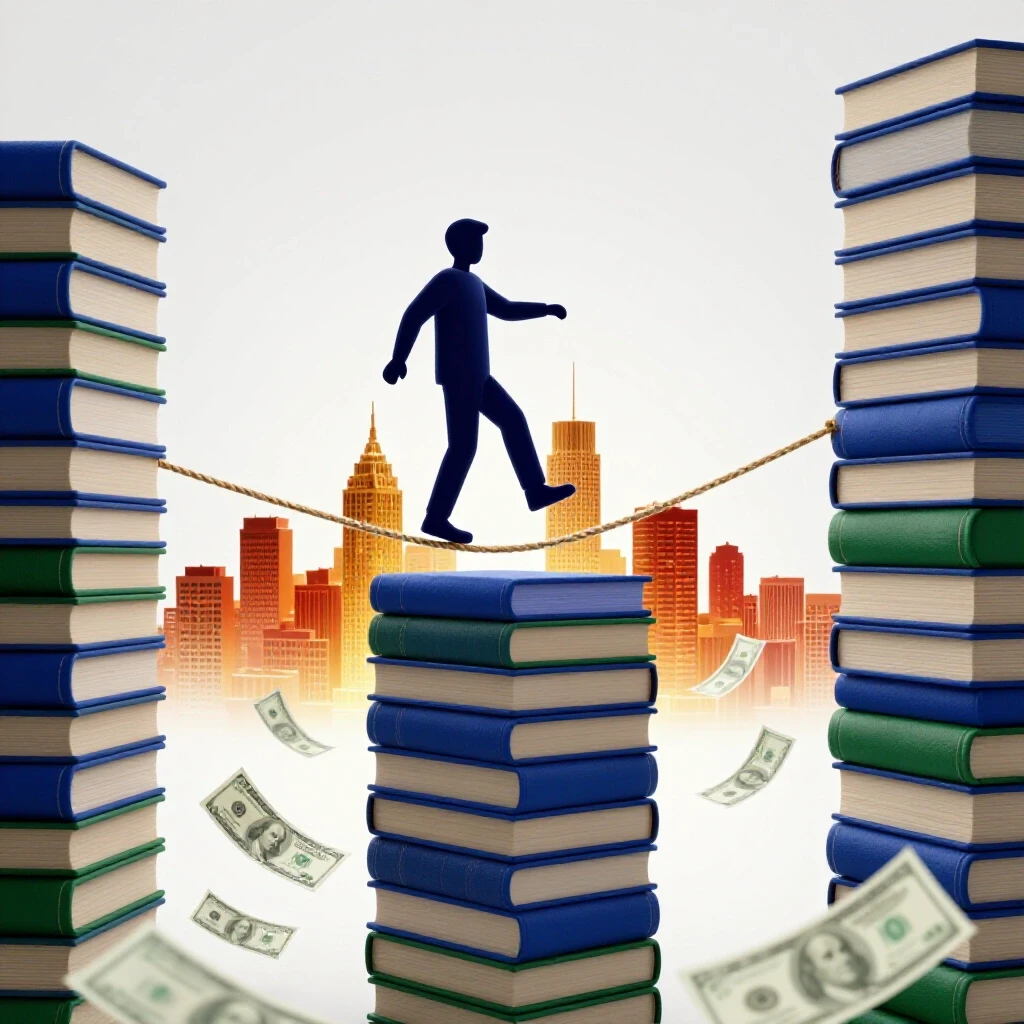 Tightrope balances between towering books and distant glowing city with swirling dollar bills below