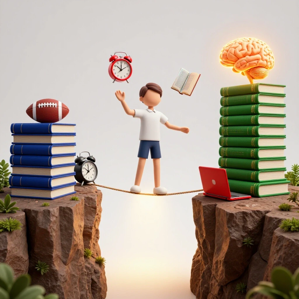 Student avatar balancing on a tightrope between high school and college cliffs, juggling a clock, books, and a glowing brain with bright guidance light.
