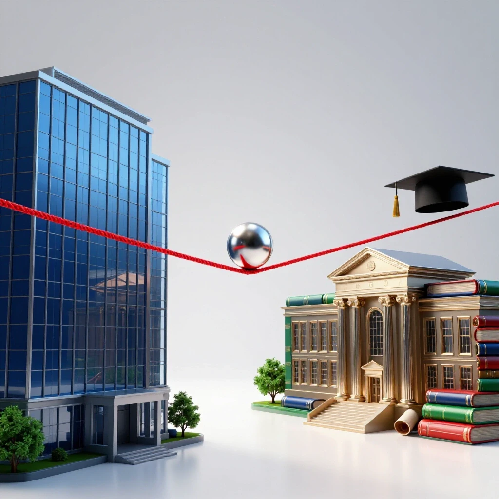 Tightrope stretches between a glossy office and academic campus with a metallic object balancing at center.