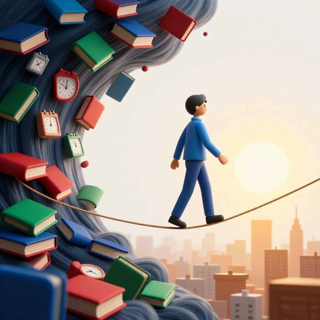 A symbolic student calmly balances on a tightrope between swirling books and a bright cityscape sunrise.