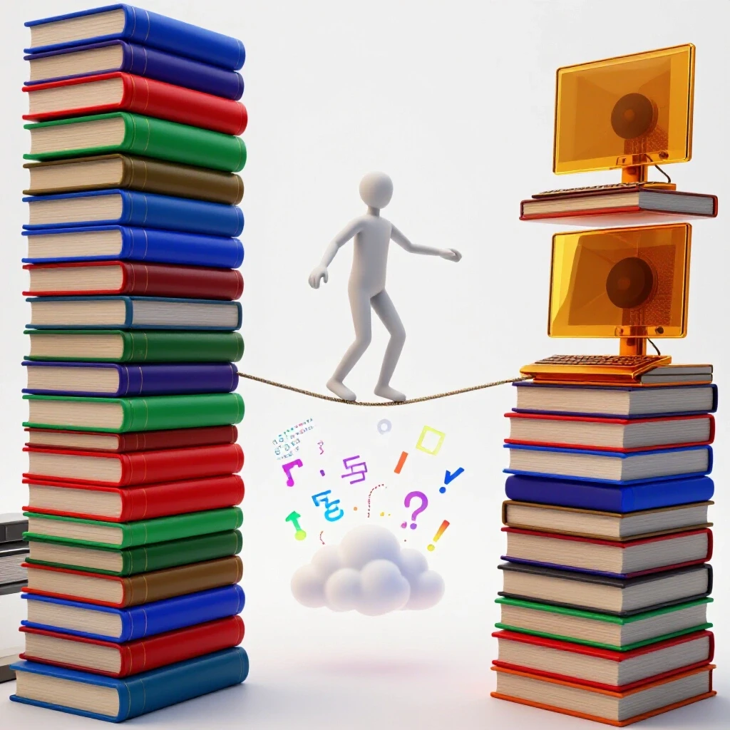 Abstract figure balances on a tightrope between colorful books and computers above swirling chaotic symbols.