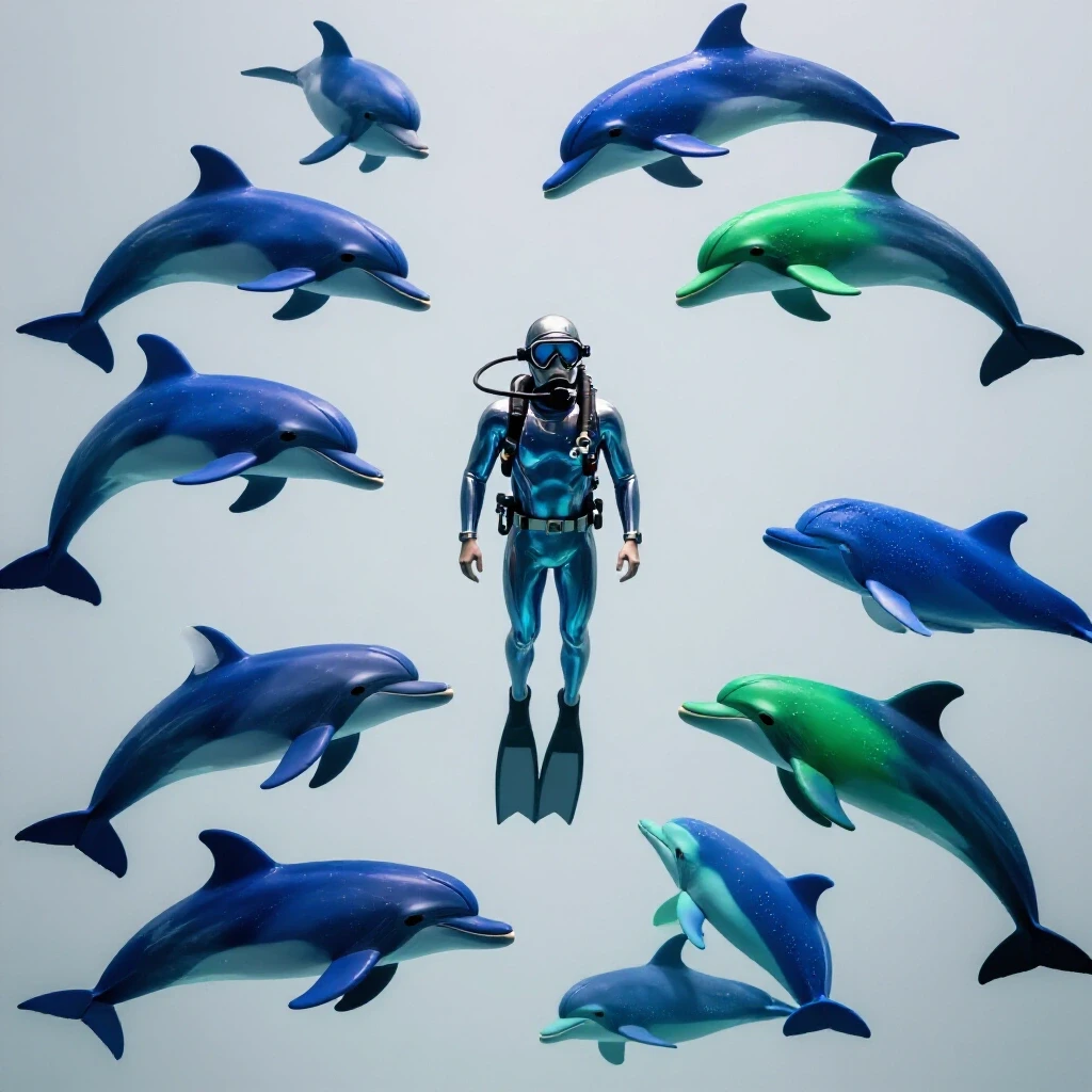 A diver surrounded by vibrant dolphins and whales ascends through clear waters with a radiant light backdrop.