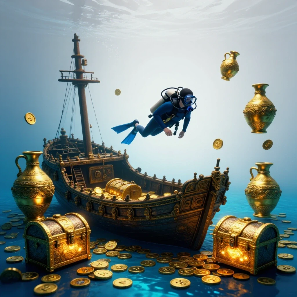 A diver explores an ancient shipwreck with glowing artifacts beneath vivid blue water, centered and well-lit.