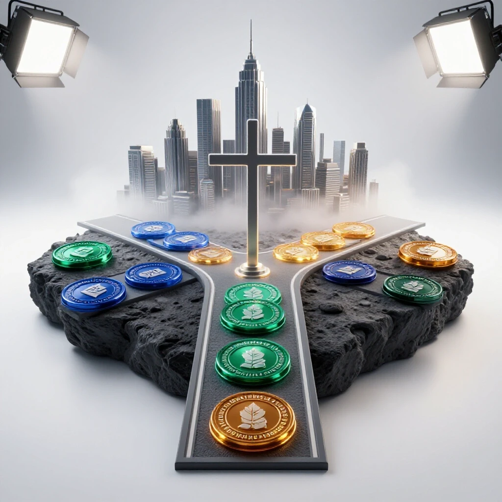 Colorful 3D crossroads with glowing certification badges leading toward a bright city skyline, symbolizing career choices