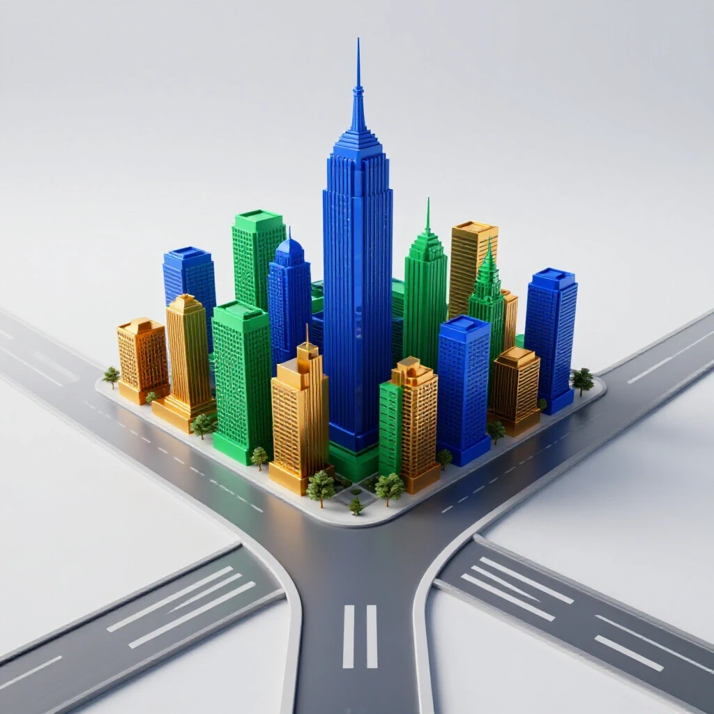 Central crossroads splitting toward a vibrant cityscape representing diverse marketing career paths