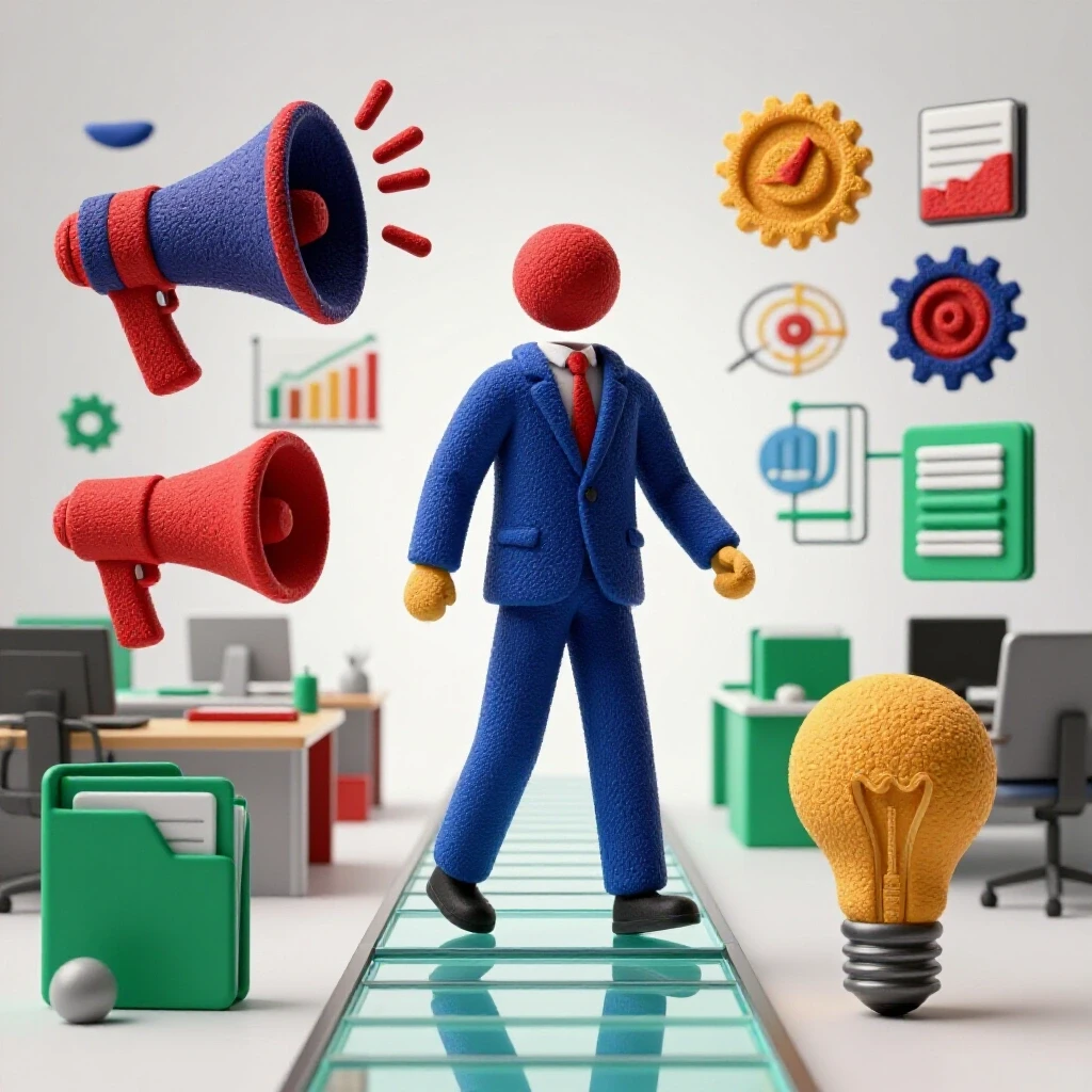 An abstract professional icon crossing a vibrant bridge from a creative marketing workspace to an organized HR office.