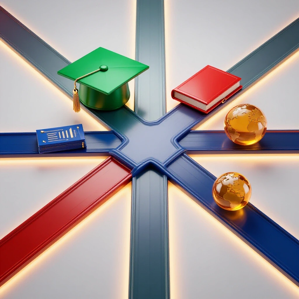 Vivid crossroads with glowing academic symbols representing various master's degree disciplines on a bright background.