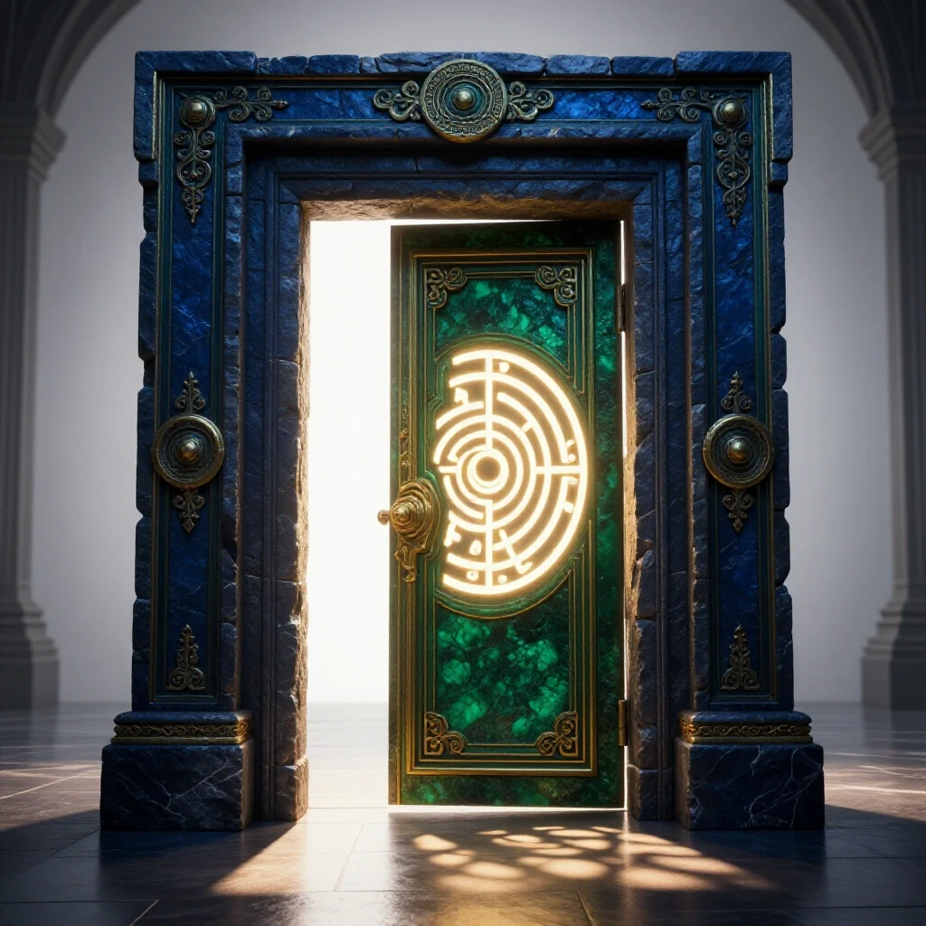 An ornate stone door with a glowing ancient symbol stands partially open in a luminous white chamber, casting dramatic shadows.